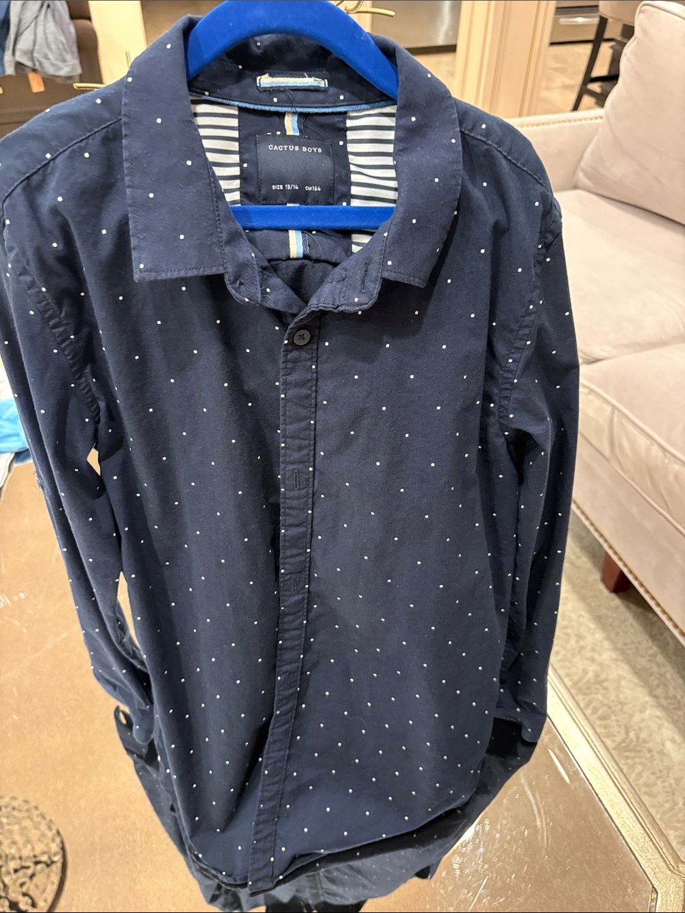 Cactus Navy Blue Button-Down Shirt with White Dot Pattern